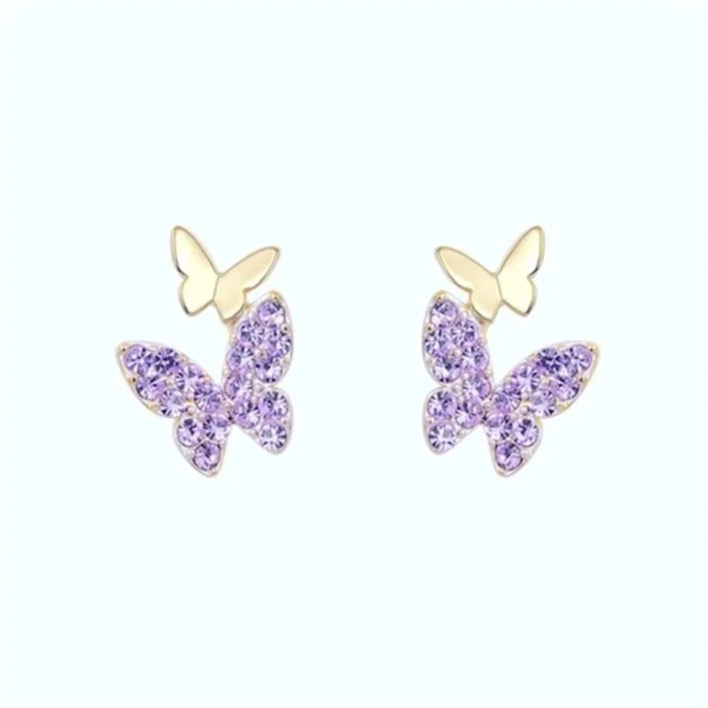Adorable 18k Gold 925 Silver Purple CZ Butterfly Studs